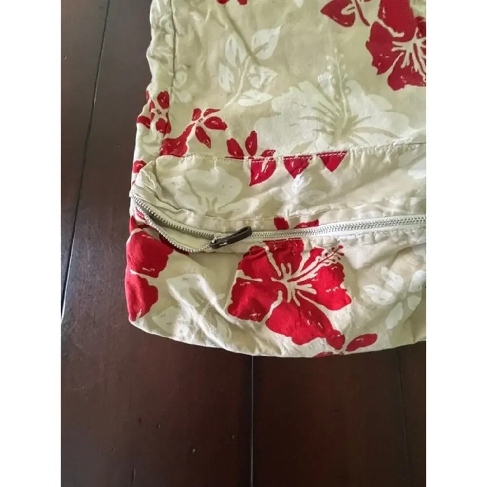 Roxy Floral Drawstring Backpack Beige Red Hibiscus Surf Beach Y2K Book Bag